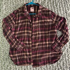 SO Women's Plaid Button Down Shirt - Burgundy and Tan